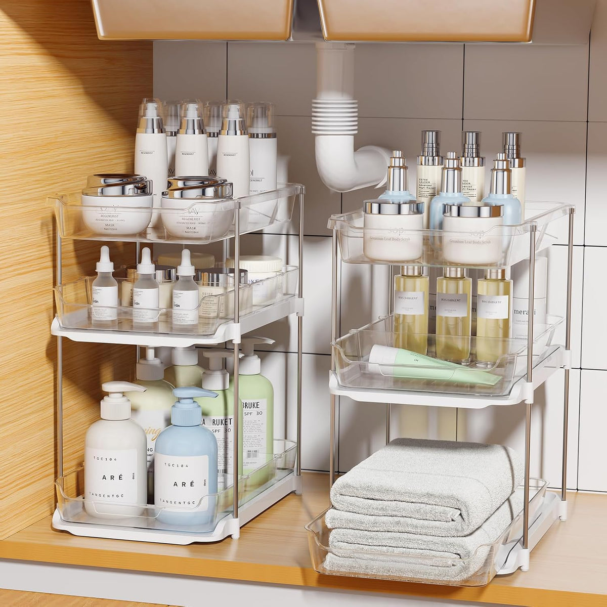 2 Sets of 3-Tier Bathroom Under Sink Organizers and Storage, Multi-Purpose Stackable Pantry Organization and Storage, Pull Out Clear Kitchen Bathroom Cabinet Organizer with Movable Dividers