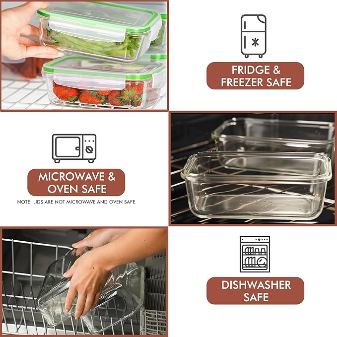 Razab 16 Pc (Set of 8) 30 Oz Glass Meal Prep Containers with Lids, Airtight Large Glass Food Storage Containers, Reusable Leak Proof BPA Free, Freezer to Oven and Dishwasher Safe