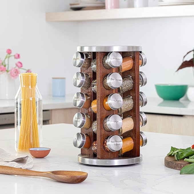 20 Jar Rotating Dark Acacia Wood Spice Rack with Spices Included & 5-Year Spice