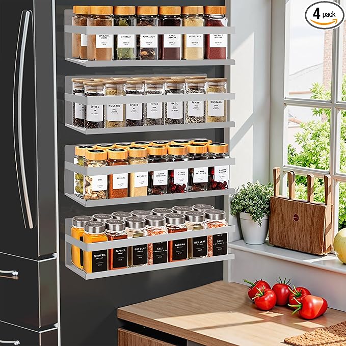 SMRCAD Magnetic Spice Rack for Refrigerator, 4pack Magnetic Shelf for Fridge Space Saving Seasoning Organizer for Any Metal Surface No Drilling Needed (GREY -cut out, 4pack)