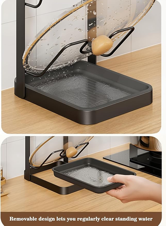 Pot Lid Holder Organizer, Carbon Steel Kitchen Pot Lid Rack with Drip Tray, Pre-Assembled Lid Storage Organizer, Dishwasher Safe Utensil Rest for Countertop Stovetop Cabinet