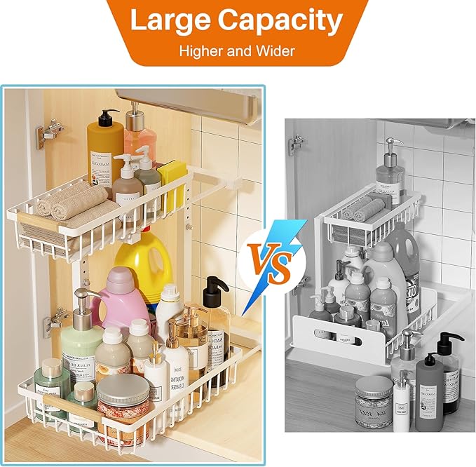 REALINN Under Sink Organizer, Height Adjustable Under Sink Organizers and Storage, 2 Tier Pull Out Drawer Cabinet Storage for Kitchen Bathroom, 1 Pack, White