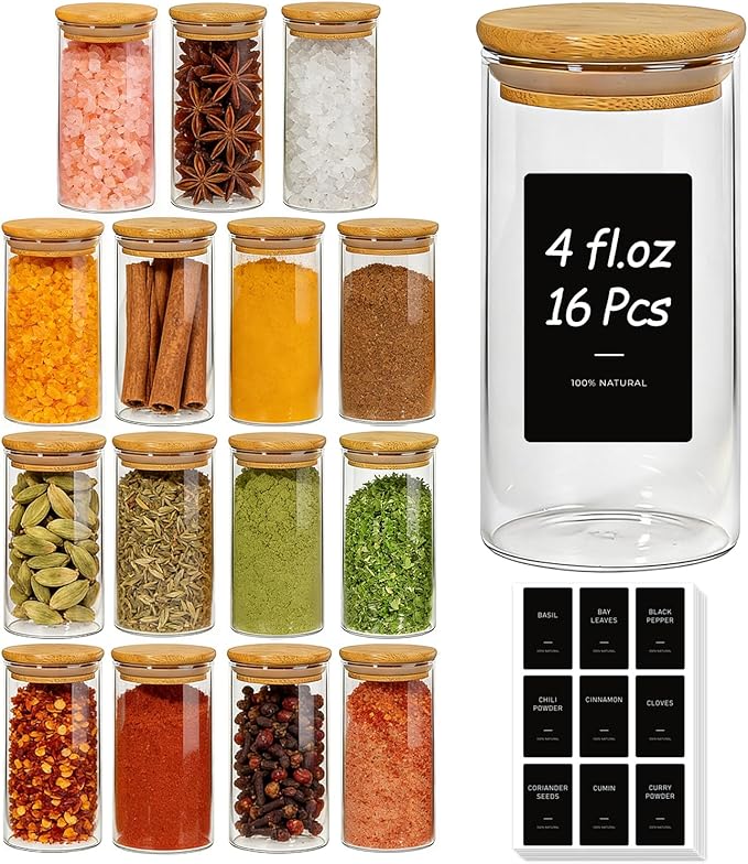 ComSaf Spice Jars with Label 4oz 16 Pack, Glass Spice Jars with Bamboo Lid, Mini Seasoning Containers with 54 Black Labels, Stackable for Kitchen, Pantry Organization, Loose Tea, Herbs, Powders, Salt
