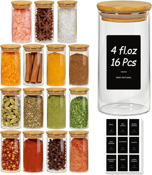 ComSaf Spice Jars with Label 4oz 16 Pack, Glass Spice Jars with Bamboo Lid, Mini Seasoning Containers with 54 Black Labels, Stackable for Kitchen
