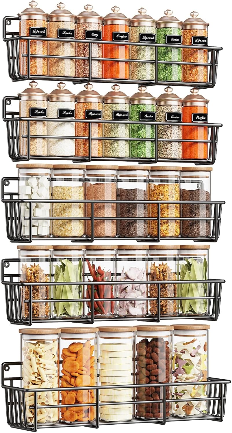 Spice Rack Wall Mounted 5 Pack, For Spice Jars & Seasonings,Black