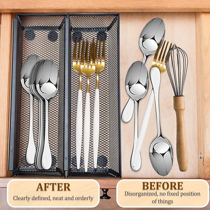 4PCS Drawer Organizer for Kitchen,Utensil Mesh Drawer Organizer with Interlocking Arm for Cosmetic,Flatware,Pen (9 * 3 * 2 Inches,Black)
