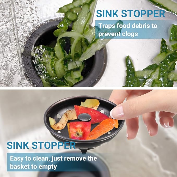 KONE Kitchen Sink Stopper and Strainer 2 Pack Oil Rubbed Bronze Sink Basket Strainer Replacement for Standard 3-1/2 inch Drain, Stainless Steel ORB Body Metal Center Knob with Rubber Drain Stopper