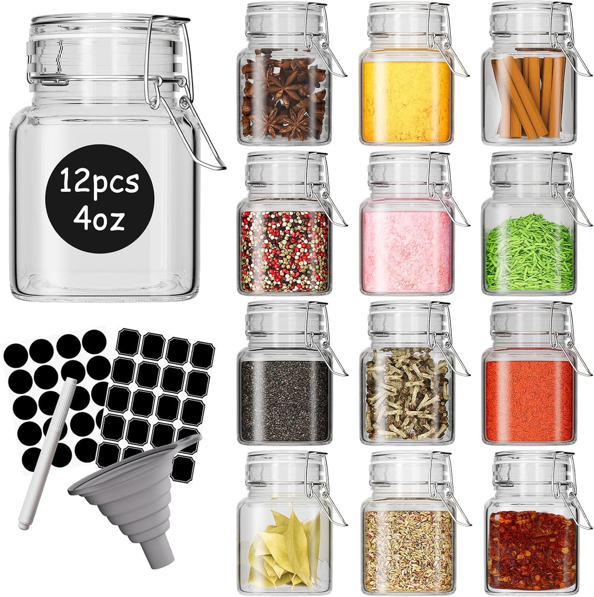 12 Pack 4 oz Mini Square Spice Jars with Airtight Hinged Lid