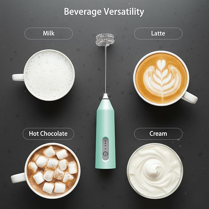 Puraville Rechargeable Milk Frother Handheld, 3 Speeds Electric Whisk Drink Mixer, Type-C Charging BPA Free for Coffee, Latte, Cappuccino, Egg,Cream, Light Green