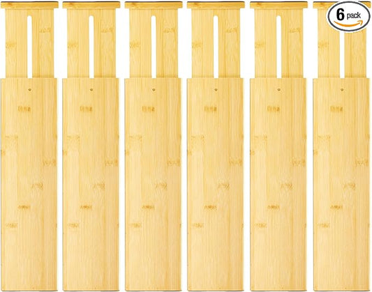 VaeFae 6 Pack Bamboo Drawer Dividers, 4" High Adjustable 11.9-17.1" Clothes Drawer Organizers, Expandable Separators for Bedroom/Bathroom/Kitchen/Office Storage
