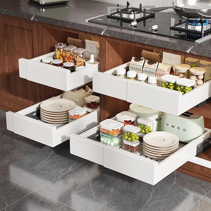 Seinloes Pull Out Cabinet Organizer,4-Side Expandable to Maximize Cabinet Space,Slide Out Drawers with 3 Rail Design,Roll Out Shelf with Raising Pad for Framed Cabinet,11"-16"W x 13"-17"D,White,2 Pack