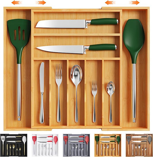 Large Premium Bamboo Silverware Organizer, Expandable Utensil Drawer Organizer