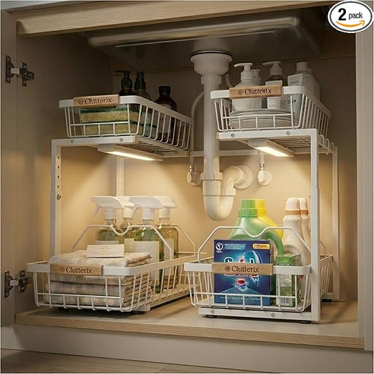 Under Sink Organizer with Motion-Activated LED Lights, 2 Pack, White