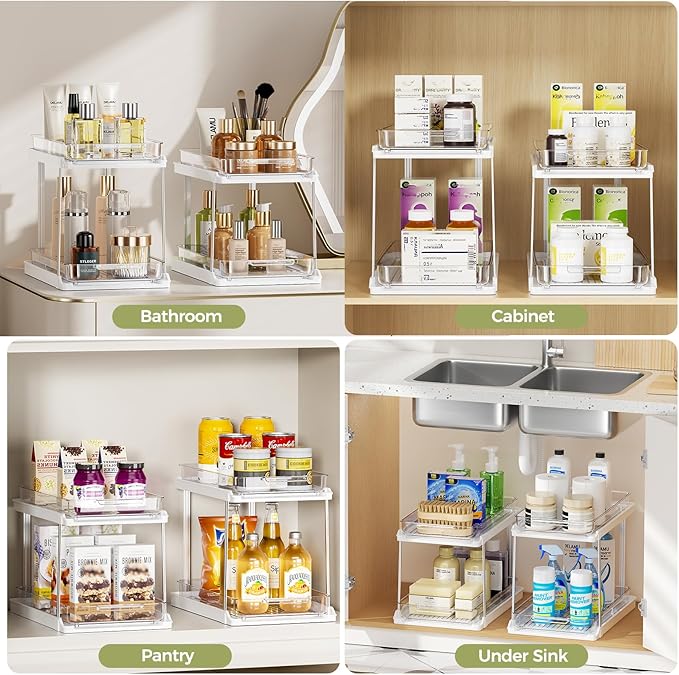 Delamu 2-Tier Bathroom Under Sink Organizers and Storage, Pull Out Cabinet Drawers with Anti-Slip Design, Multi-Purpose Storage for Kitchen, Pantry, Bathroom & Home Organization, White, 4 Pack