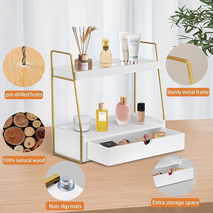 2-Tier Bathroom Organizer Countertop with Drawer, Wood Counter Organizer for Bathroom Decor, Sink Shelf for Vanity Storage, Makeup Tray for Perfume Skincare, Spice Rack Bedroom Kitchen Corner