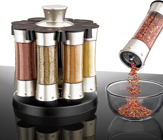 KitchenArt Spice Rack, Elite Auto-Measure Plastic Spice Carousel, 8 Spice Jars, Silver