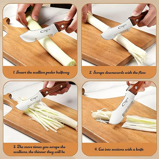 Julienne Slicer Stainless Steel Onion Cutter Scallion Shredder, Vegetable Chopper with Comb Teeth, Kitchen Gadgets (Wooden Handle)