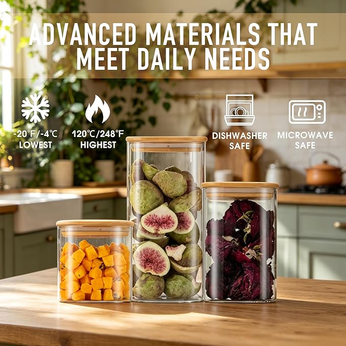 D2scrma Airtight Glass Square Storage Containers with Bamboo Lid Set of 6 (650ml*2/1100ml*2/1500ml*2) Stackable Jars, Kitchen Canister for Pantry Cereal, Nuts, Snacks and Coffee beans