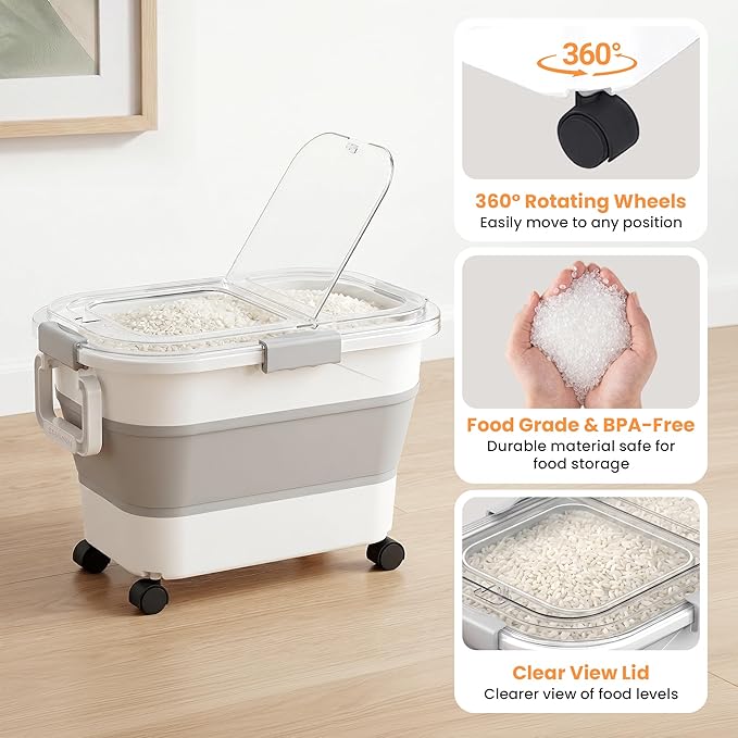 30 Lbs Rice Storage Container with Wheels, Collapsible Airtight Food Storage Container with Transparent Lid, Measuring Cup, Scoop, Handle, BPA Free Rice Holder for Pet Food, Grain, and Bird Seed