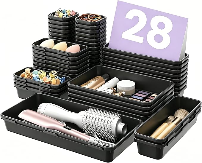 A-LuGei 【Military Grade Drawer Organizer, 【𝟱𝗦𝗶𝘇𝗲】 Makeup organizer, 【Holds 177 Items】 Bathroom Organizers and Storage, Organization and Storage, Desk Drawer Organizer for Vanity (Black)