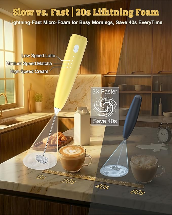Portable Milk Frother Handheld,Electric Drink Mixer & Wand, 3 Detachable Stainless Steel Whisks, 3 Adjustable Speeds Quiet, USB C Rechargeable for Coffee, Latte, Matcha, Home & Kitchen (Yellow)
