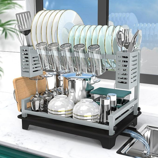 B-Land Dish Drying Rack, 2 Tier Dish Racks for Kitchen Counter, Large Dish Drying Rack with Drainboard & Utensil Holders, Rust-Proof Dish Drainers