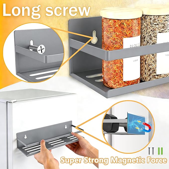 SMRCAD Magnetic Spice Rack for Refrigerator, 4pack Magnetic Shelf for Fridge Space Saving Seasoning Organizer for Any Metal Surface No Drilling Needed (GREY -cut out, 4pack)