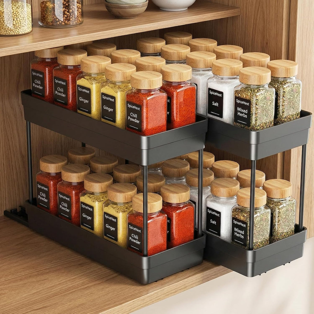 Pull Out Spice Rack,2 Pack 2-Tier Cabinet Organizer, Black