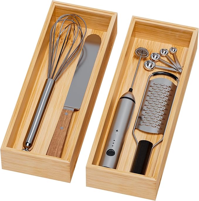 Kitchen Drawer Organizer Bins, Stackable Bamboo Deep Drawer Organizer for Silverware, Utensils, Cutlery, Flatware, Junk Drawer, Dresser, Bathroom, 14" x 5" x 2.5" (Set of 2)