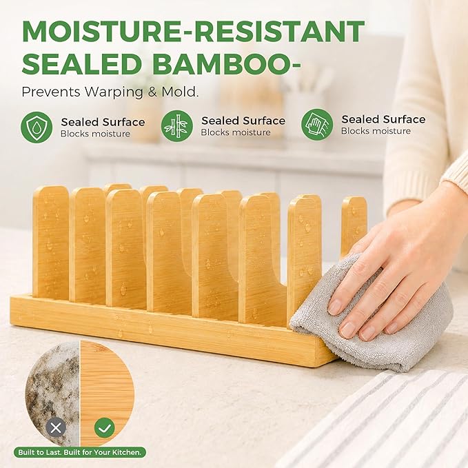 Premium Bamboo Pot Lid and Pan Organizer Rack for Kitchen Cabinets & Drawers – Adjustable Expandable Cookware Divider for Heavy Cast Iron, Baking Sheets & Plates – Scratch-Free Moisture-Resistant Wood