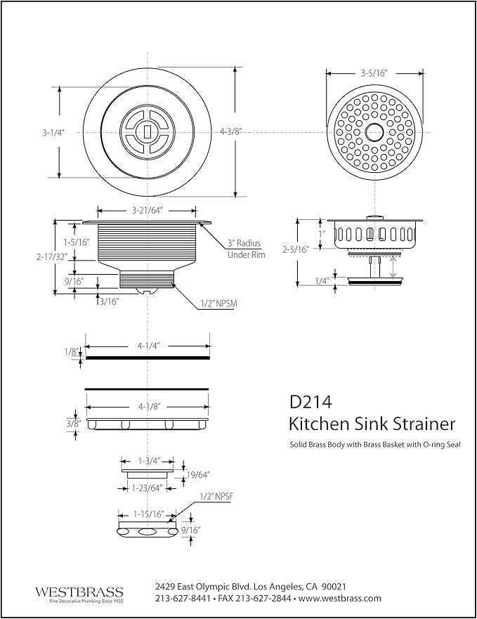 Westbrass D214-05 3-1/2" Post Style Large Kitchen Sink Basket Strainer, Polished Nickel