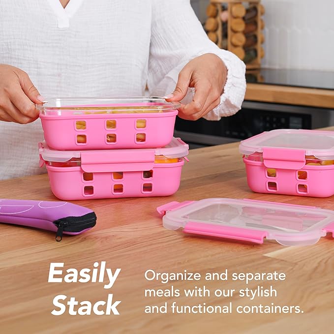 ECOBERI Glass Meal Prep Containers with Silicone Sleeves, 3 Piece 4.5 Cup Set, Borosilicate Glass Food Storage with Leak-Resistant Lids, Oven, Microwave, Freezer and Dishwasher Safe
