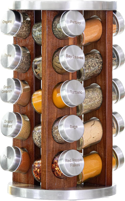 20 Jar Rotating Dark Acacia Wood Spice Rack with Spices Included & 5-Year Spice Refill Program – Rustic Wood Countertop Spice Rack with Glass Jars