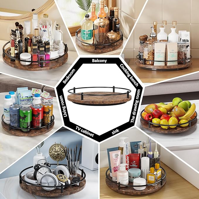 Lazy Susan Organizer：11 Inch Black Wooden Turntable Holder for Pantry&Dinning Table Rotating Round Spice Rack for Dresser Makeup, Counertop, Home&Kitchen