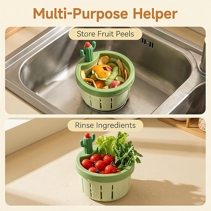Cactus Kitchen Sink Drain Strainer, 2026 Upgrade Press to Dump Basket Waste Collector, Multifunctional Kitchen Sink Drain Strainer Fun Sink Accessory for Home Bathroom (Green + Yellow)
