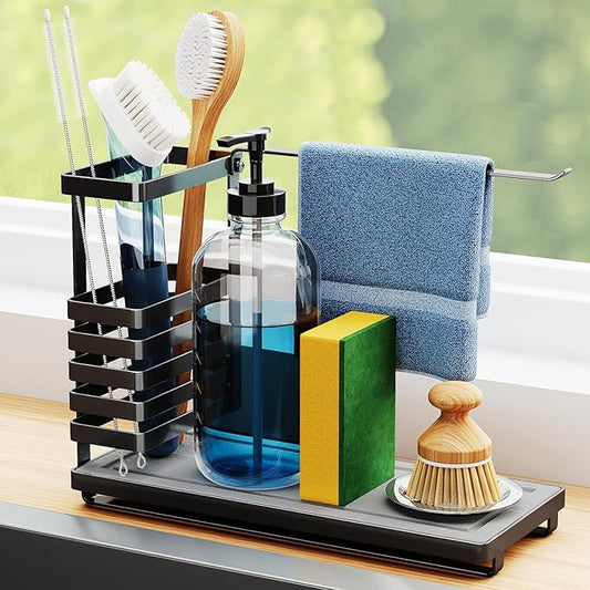 Multifunctional Kitchen Sink Caddy Organizer with Elevated Brush Holder