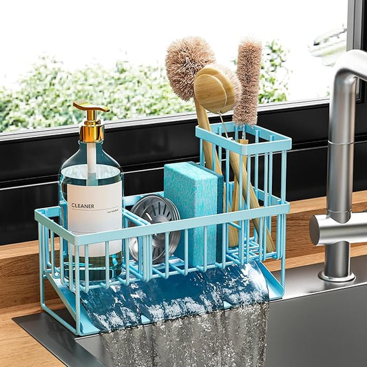Cisily Blue Kitchen Sink Caddy Organzier with High Brush Holder