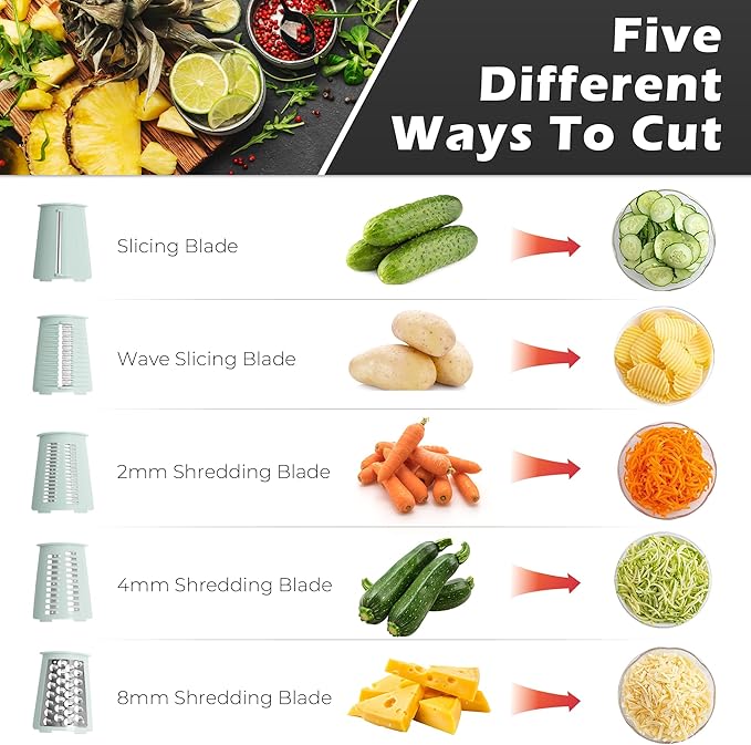 Rotary Cheese Grater Manual Hand Crank with 5 Blades & Suction Base, Kitchen Vegetable Shredder Slicer for Veggie, Nuts, Fruit, Green