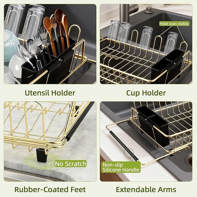 Golden Expandable Dish Drying Rack-Extra Large Stainless Steel Dish Drainer Over The Sink for Kitchen Countertop with Utensil Holder, Applicable for Sink Width 16'-22' (Gold,23.2'*12.2')