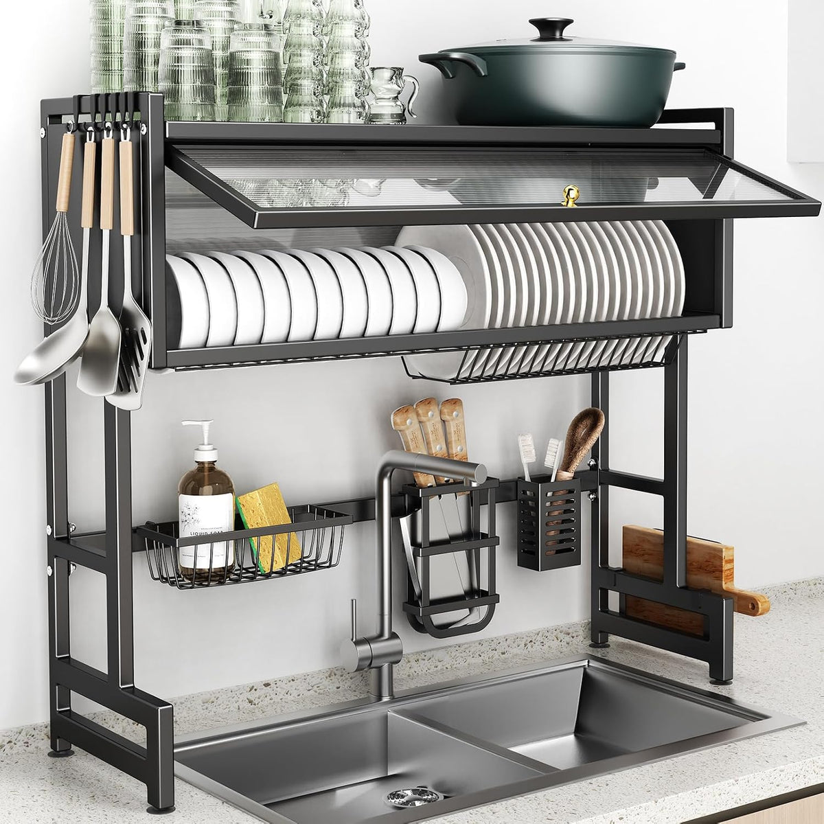 Over The Sink Dish Drainer Drying Rack 3 Tiers with Cover, Keep Kitchen Sink Shlef Organized Space-Saving Dish Drying Rack, Large Stainless Steel Sink Drying Rack for Dishes, Bowls, Cutlery (33.4"W)