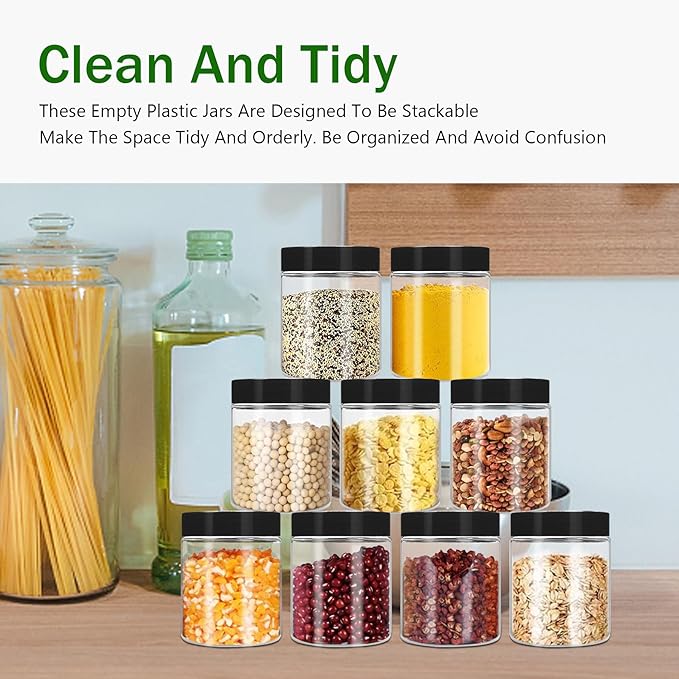 SLifeJars 8oz Plastic Jars with Lids 24 Pack Clear Plastic Slime Containers Stackable Round Empty Clear Jars with Black Lids Pen Labels Refillable Slime Jar for Kitchen Storage Spices Dry Food