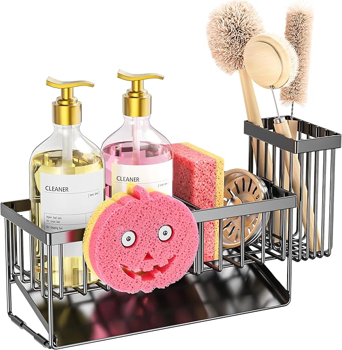 Sponge Holder for Kitchen Sink, Smiley Face Sink Caddy with Removable Brush Holder,Self-Draining Sponge Caddy for Sponge,Soap,Dish Brush,Scrubber,Kitchen Essentials and Gadgets