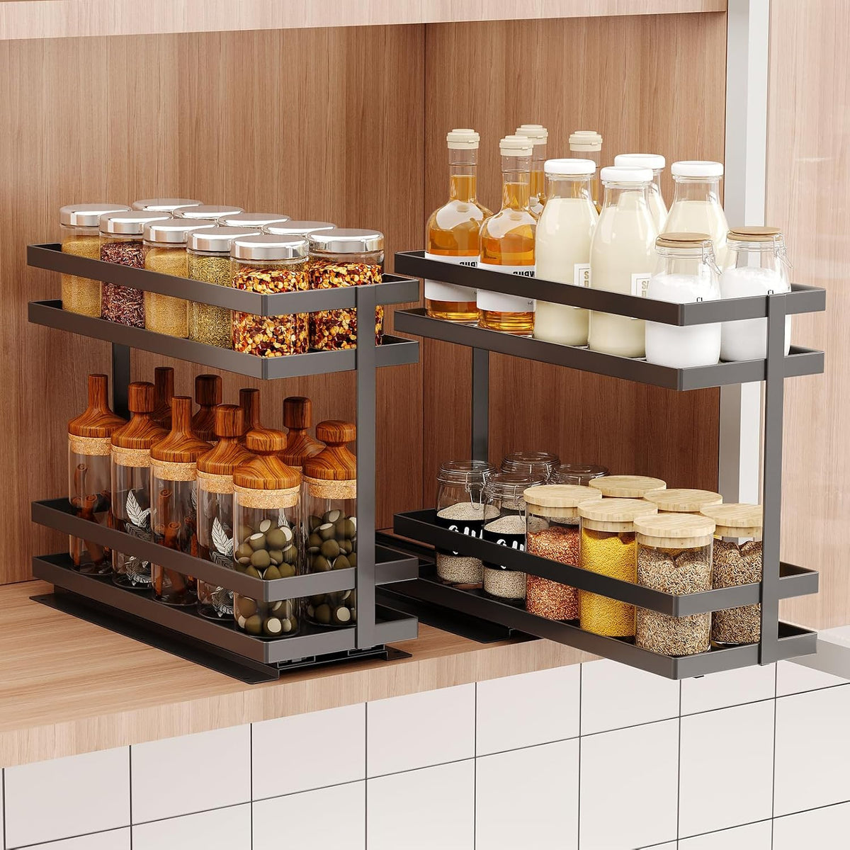 2 Pack Pull Out Spice Rack Organizer for Cabinet, 2 Tier Metal Slide Out Seasoning Organizer and Storage Heavy Duty Vertical Spice Rack Shelf Pullout for Kitchen Cabinets No Drilling (Black)