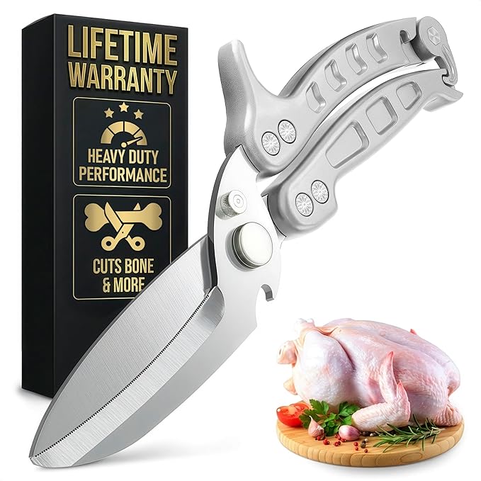 Heavy Duty Poultry Shears – Kitchen Shears Dishwasher Safe, Spring-Loaded, 3Cr14 Steel, Micro-Serrated, Separates for Easy Cleaning | Bone Scissors for Chicken, Turkey, Seafood & Fish Scale (Silver)