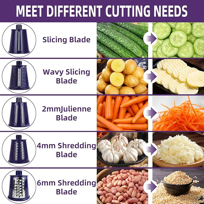Rotary Cheese Grater with Handle, Vegetable Shredder with 5 Replaceable Blades & Strong Suction Base, Round Food Slicer & Chopper for Kitchen Fruit Vegetables Nuts with Blade Storage Box (Purple)
