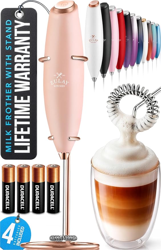 Zulay Kitchen Powerful Milk Frother Wand With Duracell Batteries, Rose Peach