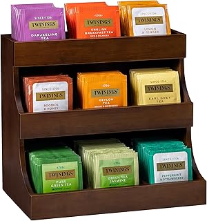 Bamboo Tea Bag Organizer, 3-Tier Tea Storage Box with 9 Compartments, Holds Up to 180 Bags, Tea Holder Organizer for Coffee Station, Kitchen Countertop, Pantry and Cabinet