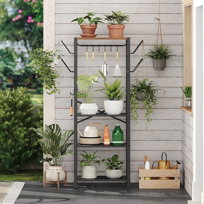 MAHANCRIS 4-Tier Pot Rack, Pots and Pans Organizer for Kitchen, Lid Organizer Rack with U-Shaped Lid Holders, Kitchen Storage Shelf for Standing Cookware, Rustic Brown and Black POHR3001