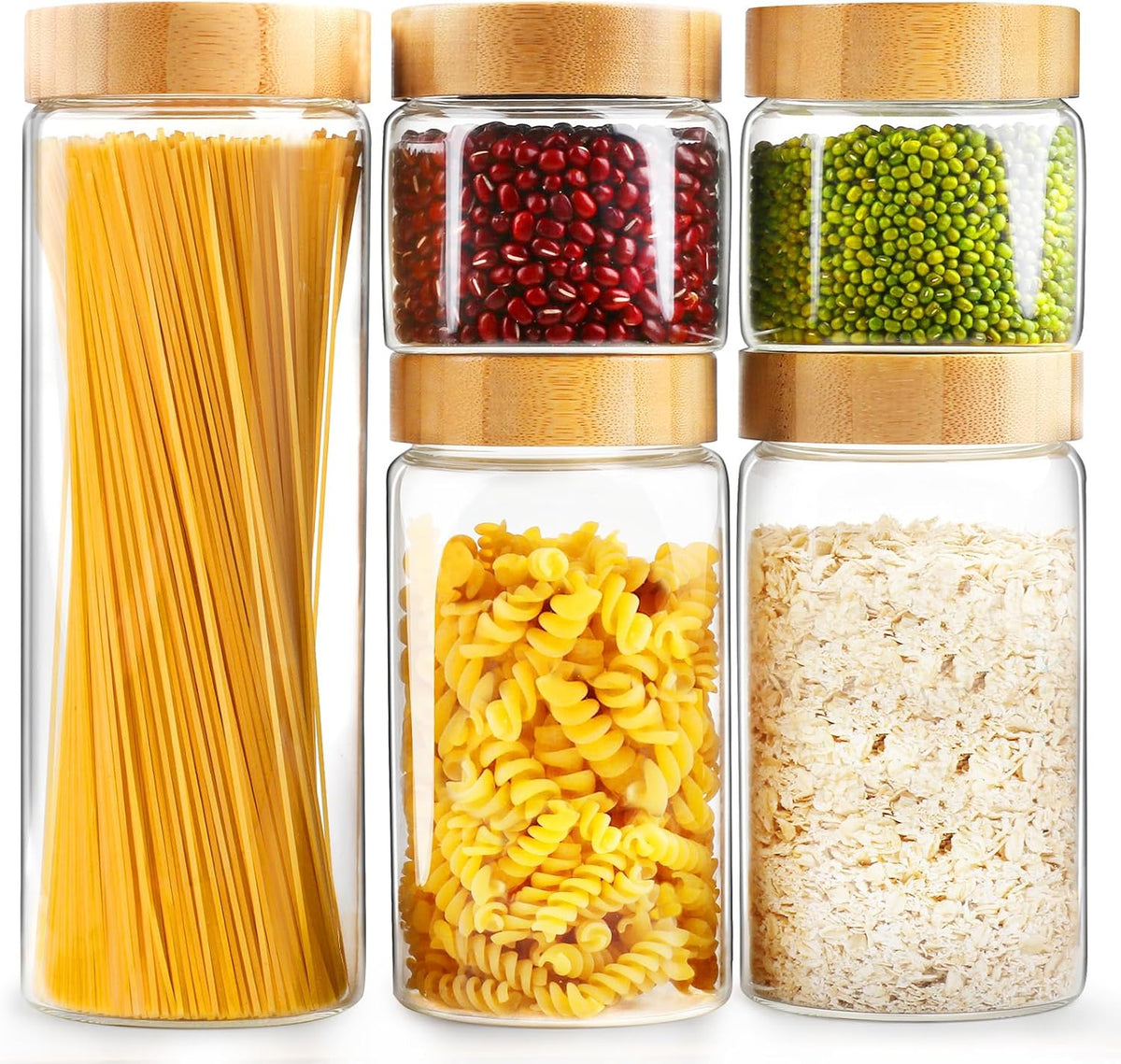 Airtight Glass Jar with Lid, Glass Storage Containers with Screw On Bamboo Lids, for Cookie, Pasta, Cereal Storage Containers, 5Pcs 80oz 50oz 27oz Canisters Sets for the Kitchen