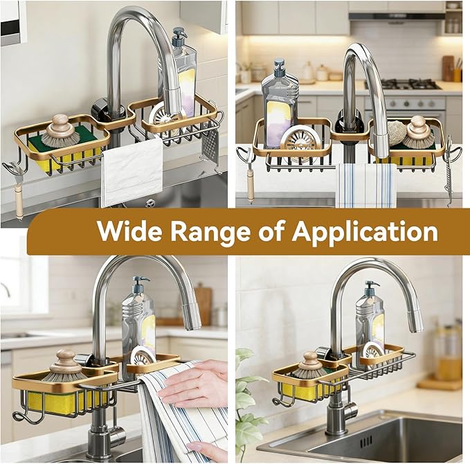 Faucet Holder, Double Faucet Storage Rack with Hooks Faucet Sponge Holder over Faucet Hanging Aluminum Detachable Faucet Drain Rack for Kitchen Sink Bathroom Organizer and Storage(Gold)